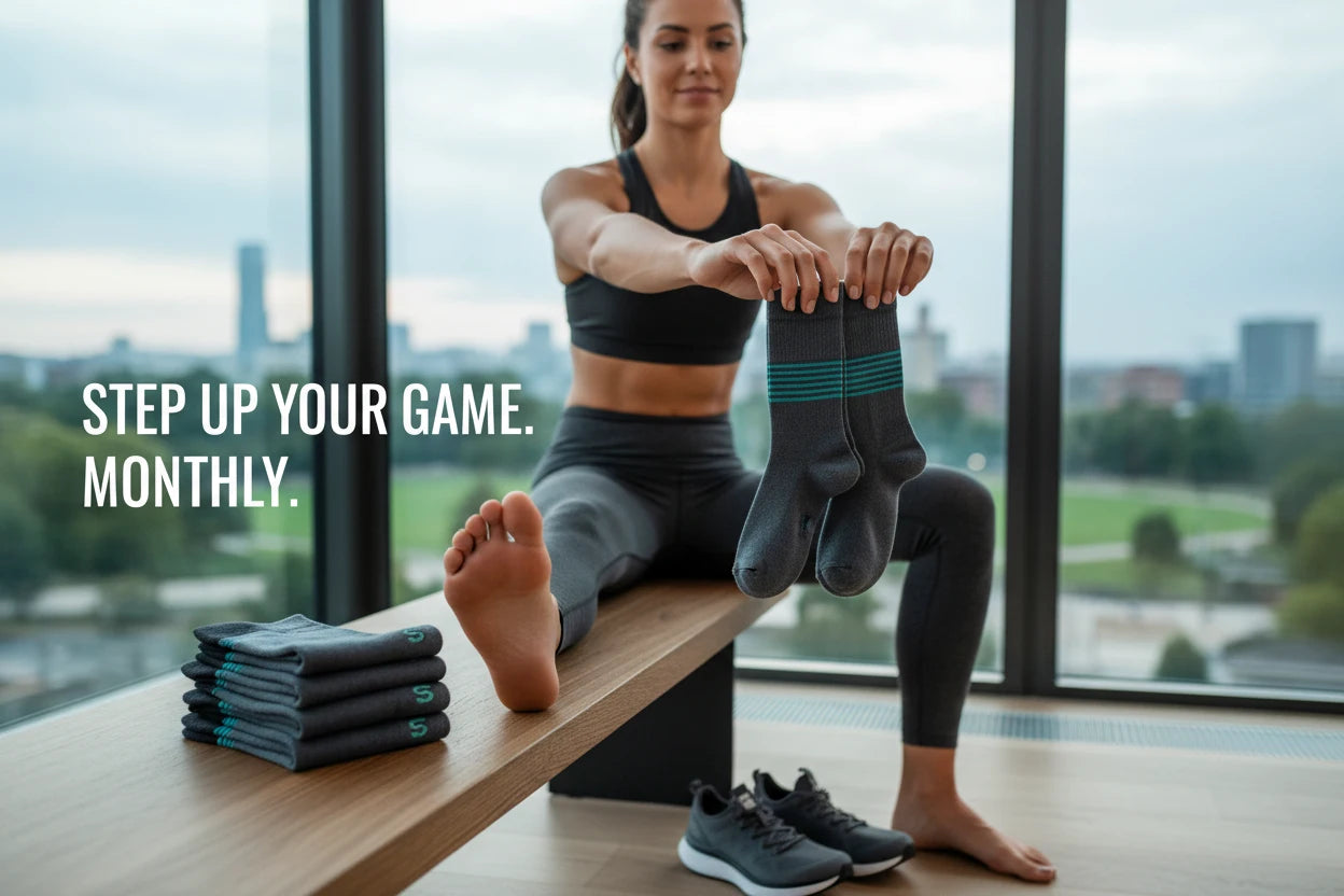 Woman stretching with sports socks and shoes on a table by a large window with a city view.