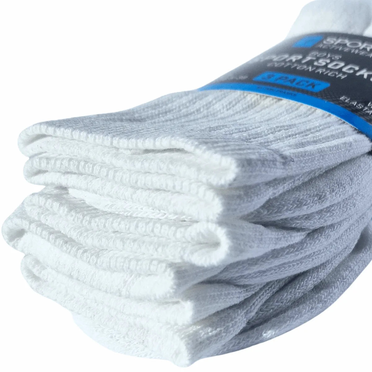 Pack of 3 boys white sports socks with a blue label on a white background