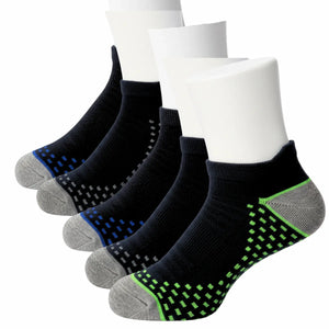 Set of black ankle socks with green and grey accents on a white background