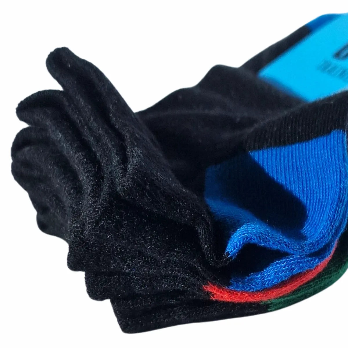 Boys black trainer socks with blue and red accents on a white background