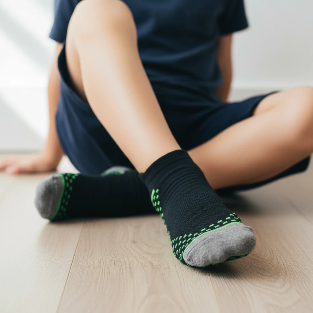 Boy wearing black socks with green and grey accents on a wooden floor