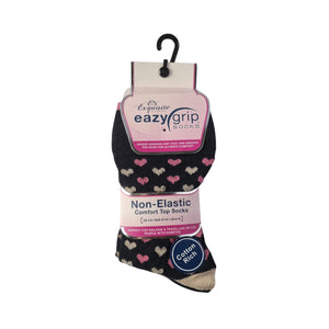 Women's diabetic Eazygrip non-elastic comfort socks, gentle on sensitive legs and circulation, 3-pack, small pink hearts