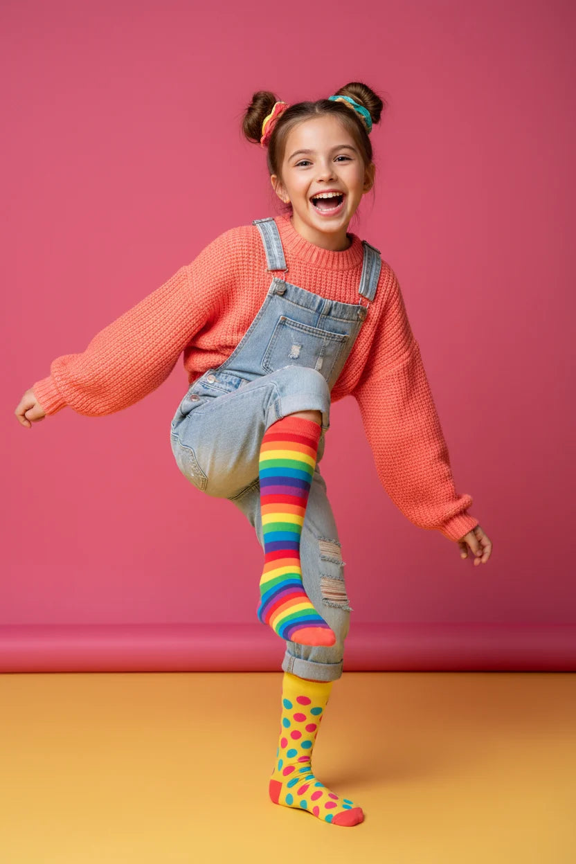 Colourful girls socks in bright rainbow patterns and fun designs