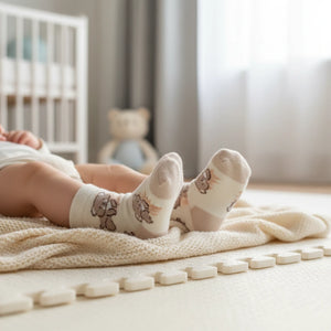 Baby wearing white socks with brown bear patterns, lying on a blanket in a room.
