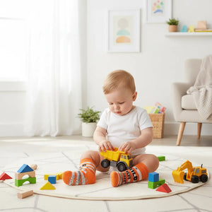 Baby wearing orange build your dreams socks playing with a yellow dumper truck on a rug in a bright room