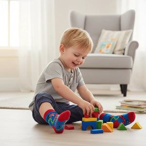 Child wearing colourful socks playing with colourful building blocks on a light wooden floor.