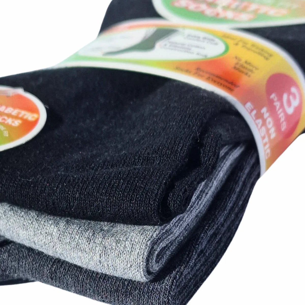 Pack of black and gey socks with packaging on a white background
