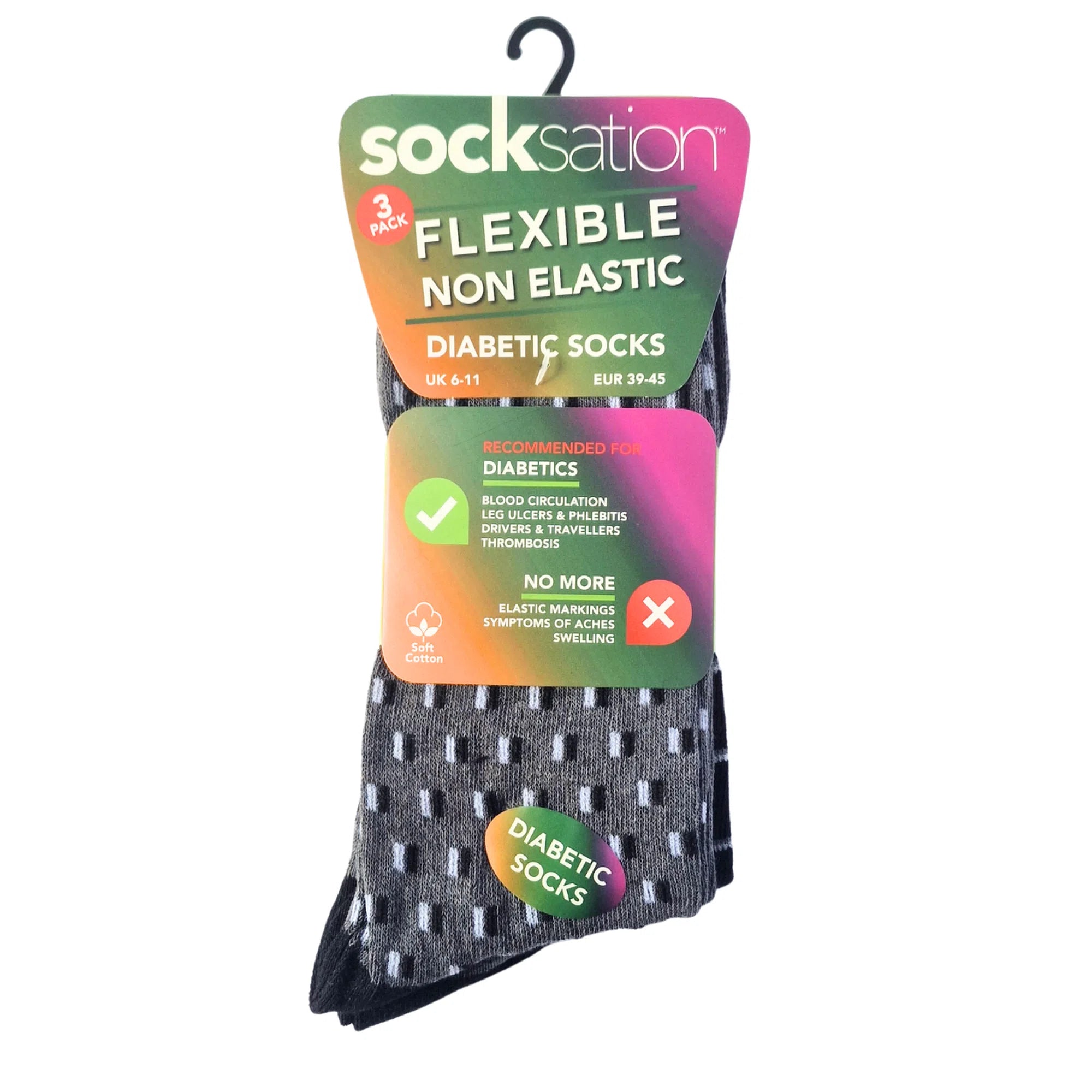 Men's diabetic flexi-top socks with grey stripe pattern, gentle non-binding top, 100% cotton