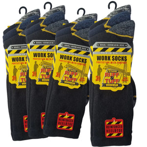 Multiple pairs of black work socks with visible branding on a white background