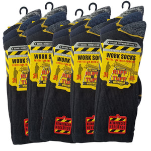 Multiple 15 pairs of work socks with visible branding on a white background