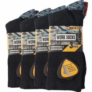 12 pairs of black work socks with packaging on a white background