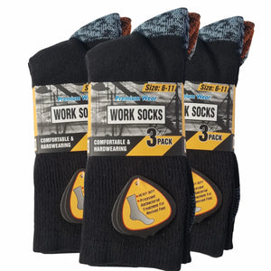 Three packages of black work socks with labels on a white background