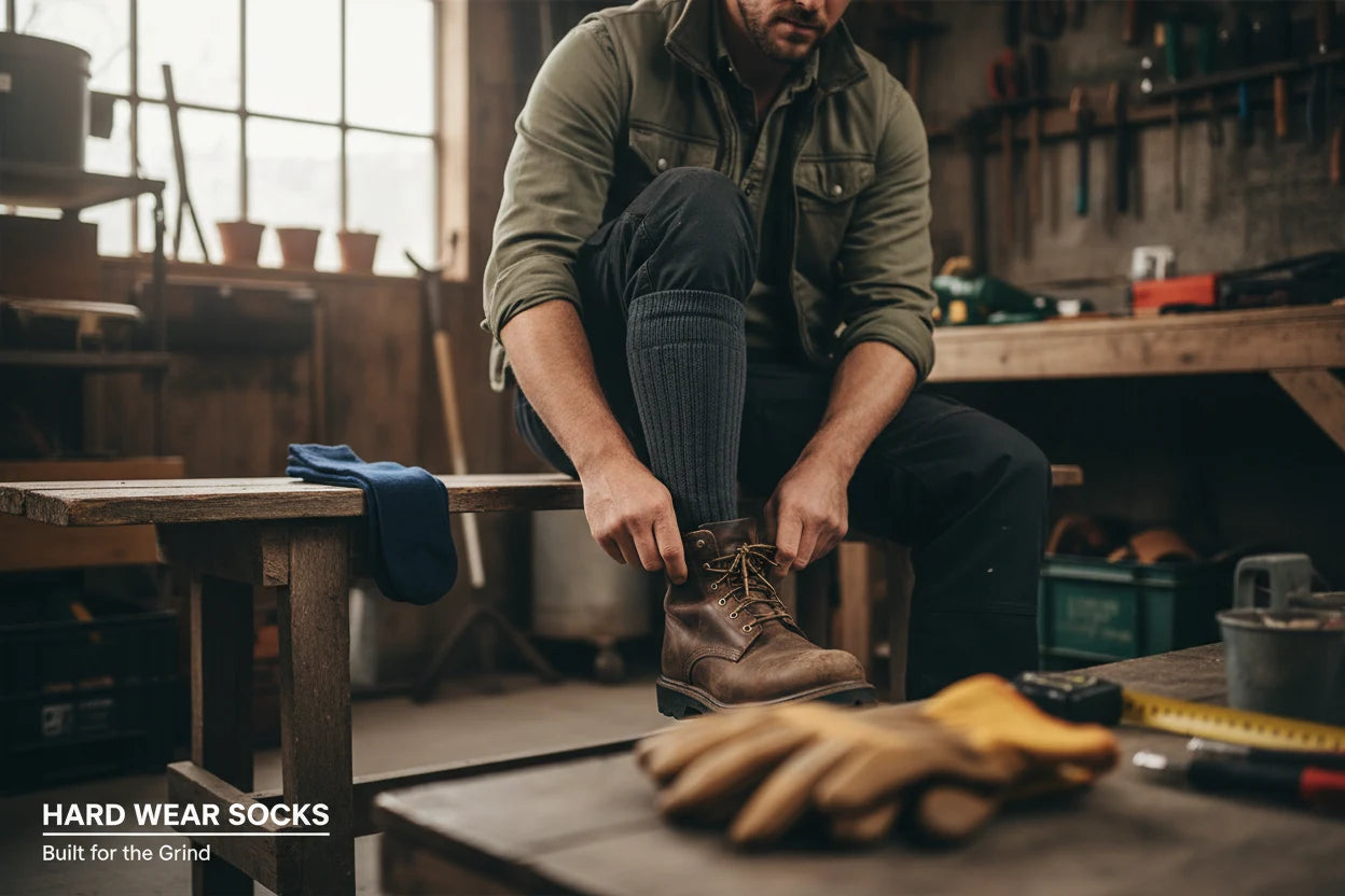 Man in a workshop with grey socks putting on work boots with tools and equipment around