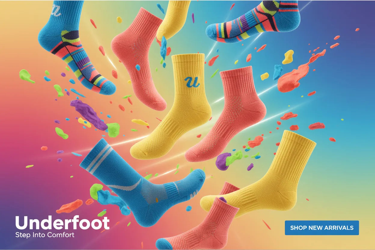 Colourful socks with brand logo on a gradient background, promoting new arrivals.