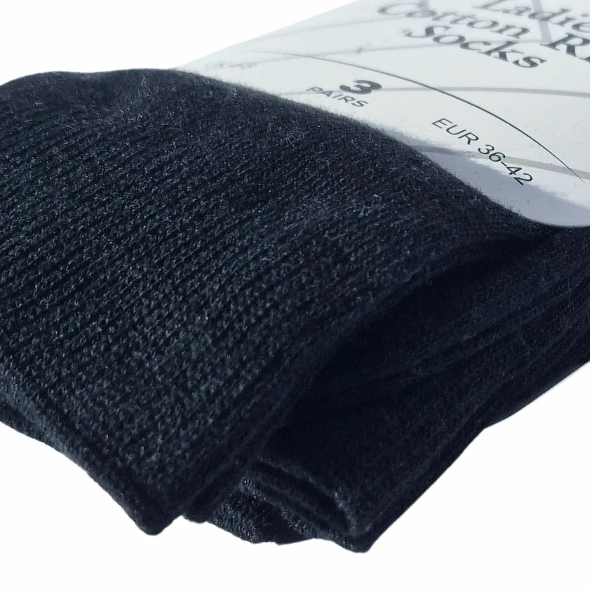 Pack of womens black cotton socks with a visible brand label on a white background