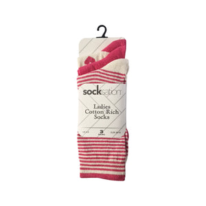 Women's cotton socks in pink with celebration stripe pattern, everyday comfort, 3-pack