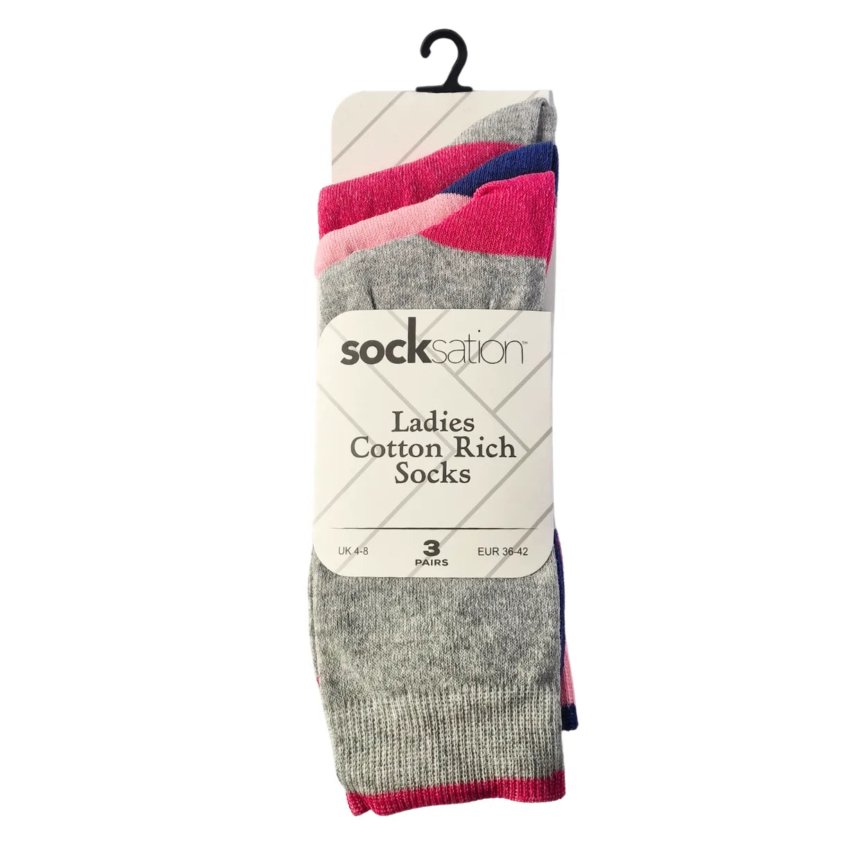 Women's cotton socks with playful cherry design in pink, blue and grey, 3-pack