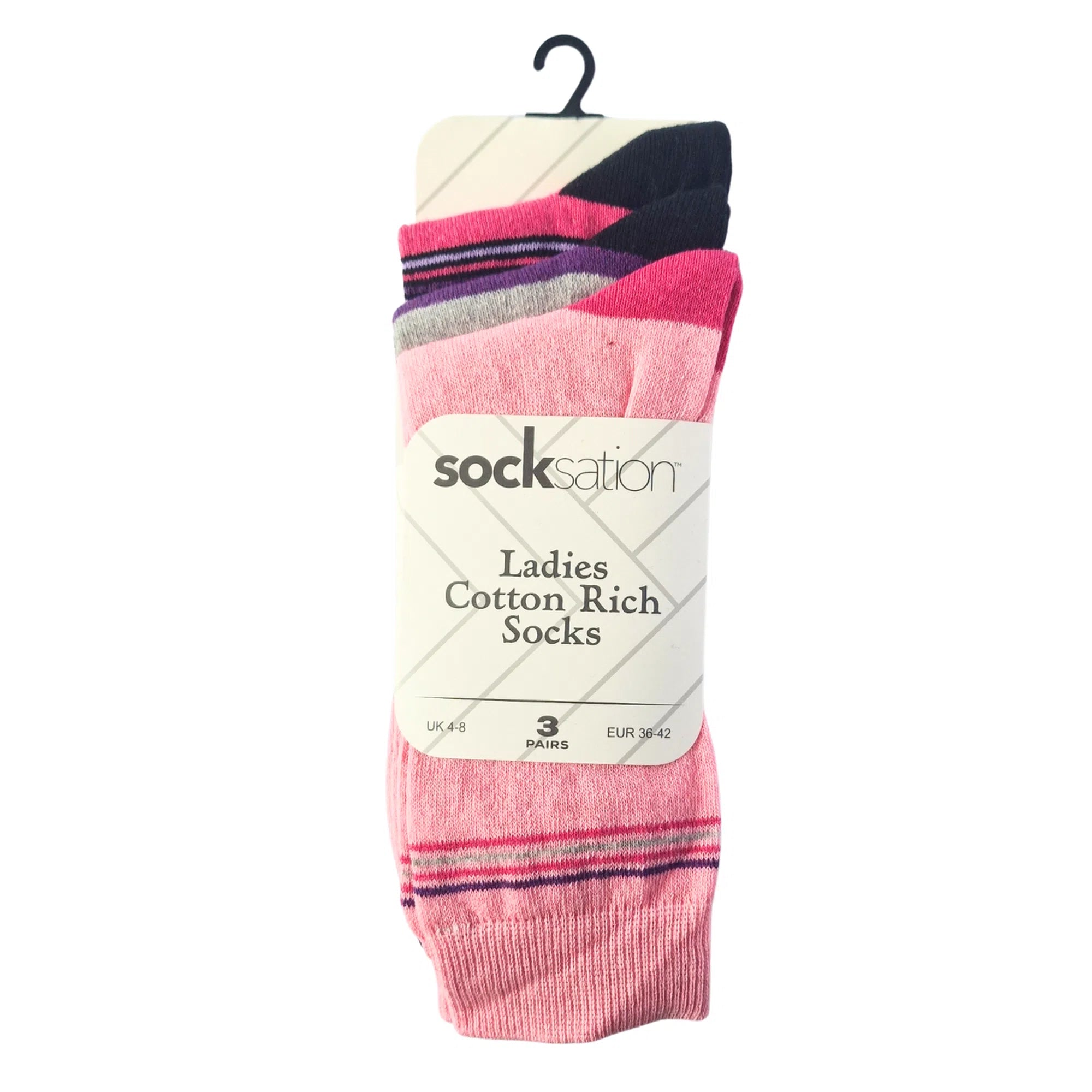 Women's cotton socks with radiant stripe design in assorted colours, 3-pack