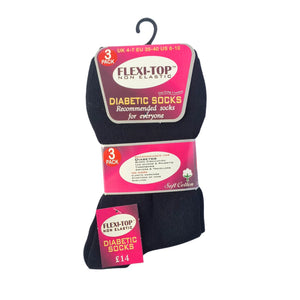 Women's diabetic flexi-top socks in classic black, non-binding for sensitive legs, 3-pack