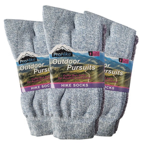 Three pairs of gray hike socks with 'ProHike Outdoor Pursuits' packaging on a white background.