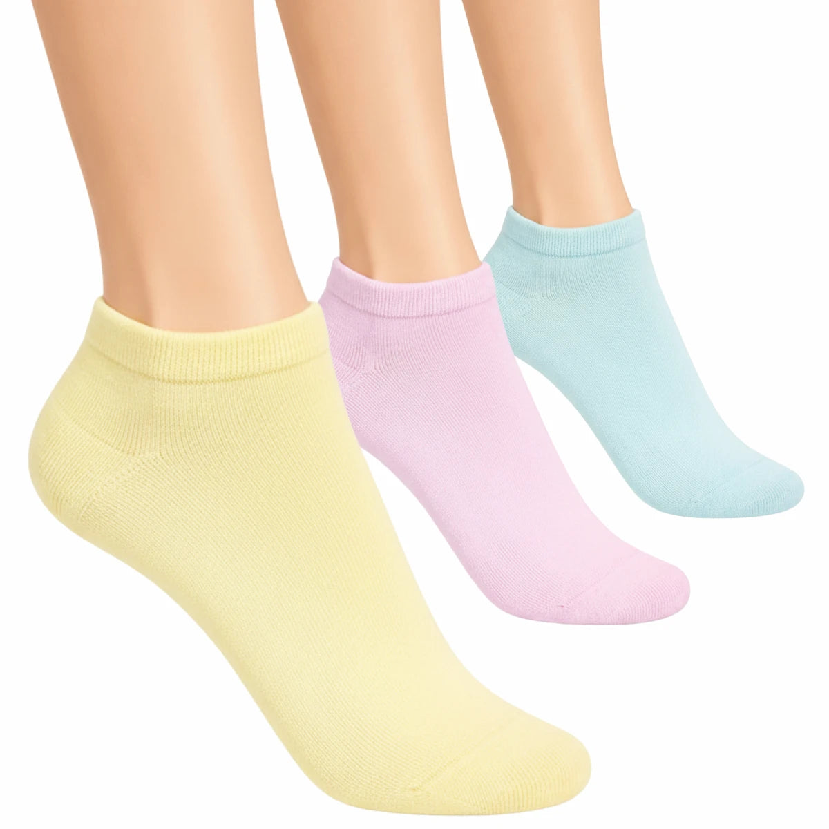 Three pairs of pastel-coloured trainer socks on a white background