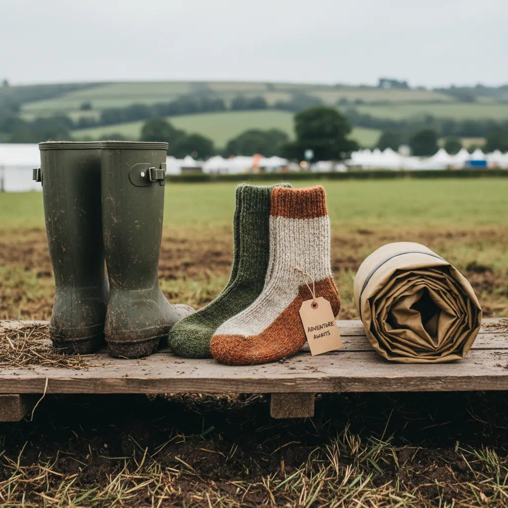 Wool socks, wellies and camping gear laid out for a UK festival and camping trip