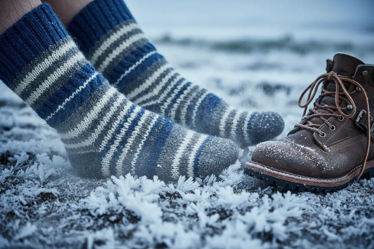 Warm thick work socks in cold winter outdoor conditions next to work boots