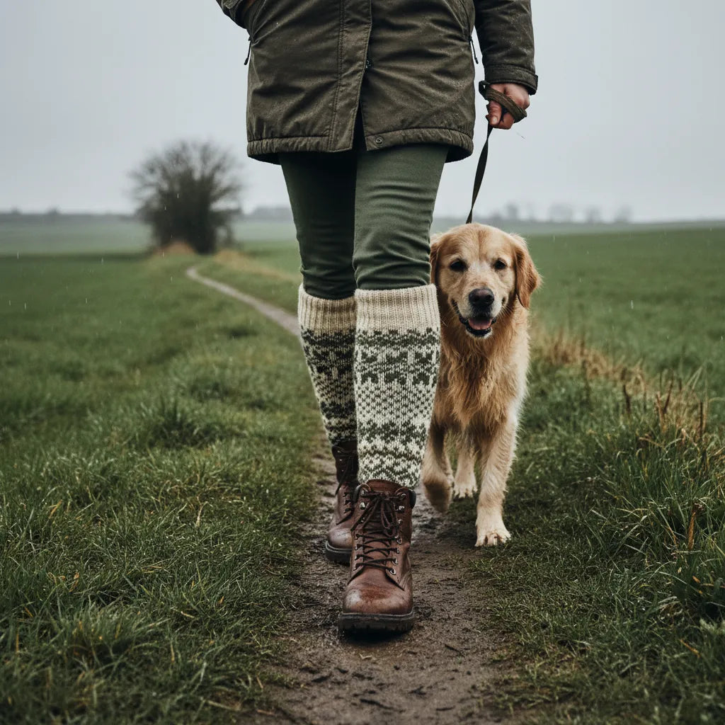 Person walking a dog on a muddy countryside path in the UK wearing walking boots and wool blend socks