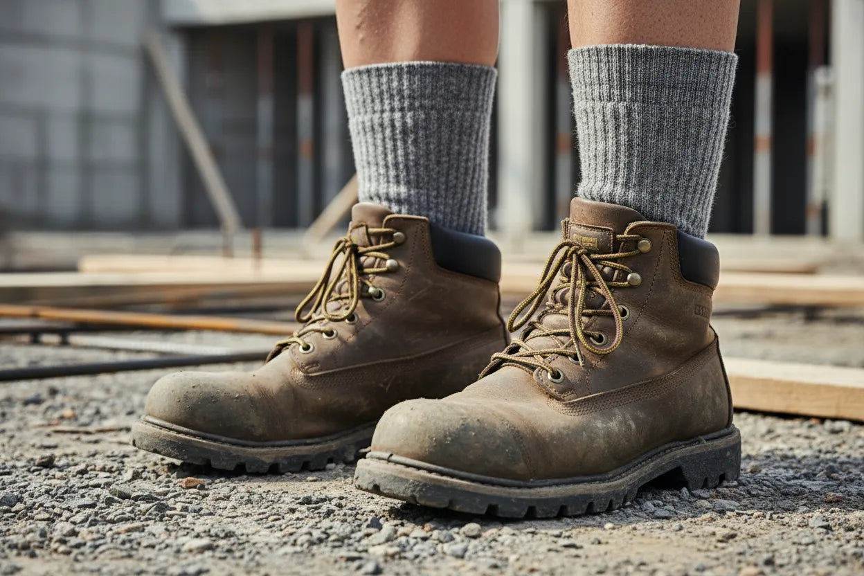 Thick hardwearing work socks worn inside heavy-duty work boots on a construction site