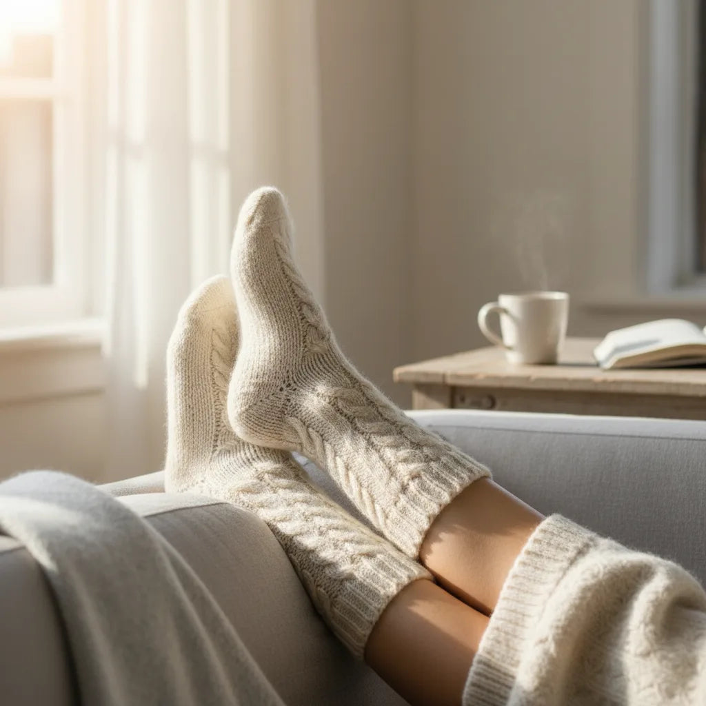 Person relaxing at home wearing comfortable breathable socks