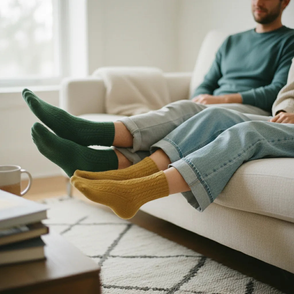 Man and woman relaxing at home wearing everyday cotton socks