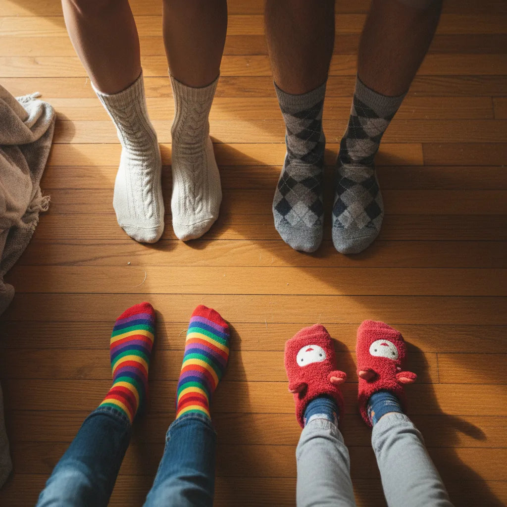 Family feet in colourful socks on a wooden floor at home