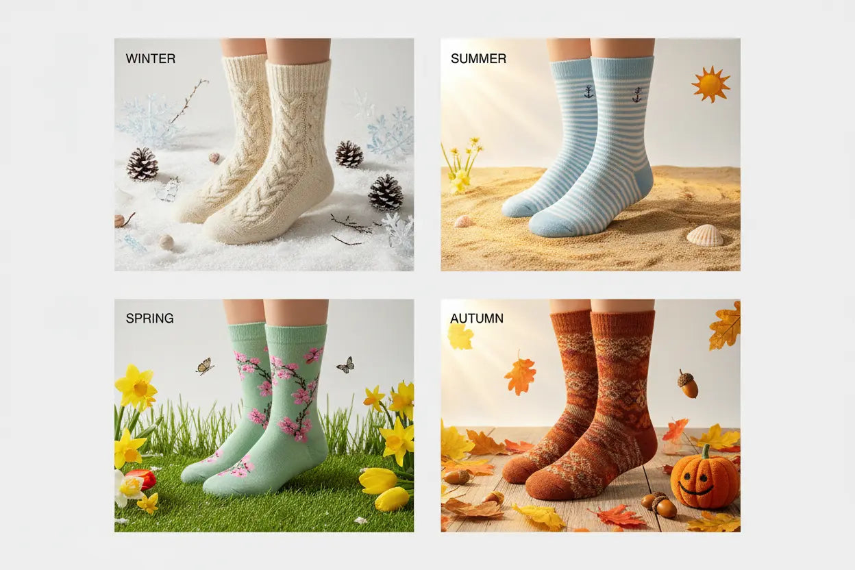 Seasonal sock guide showing winter thermal socks, summer lightweight socks, and transitional season socks for spring and autumn