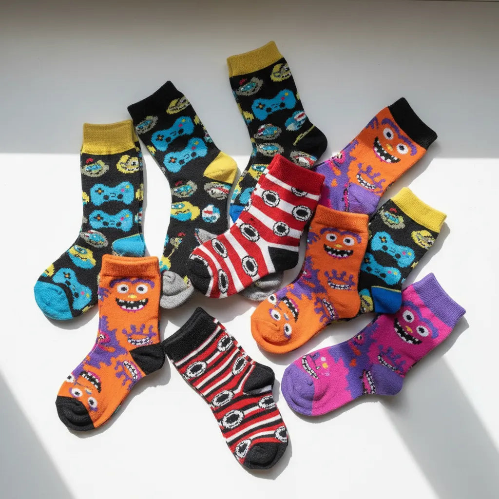 Colourful fun kids socks with bright patterns and character designs