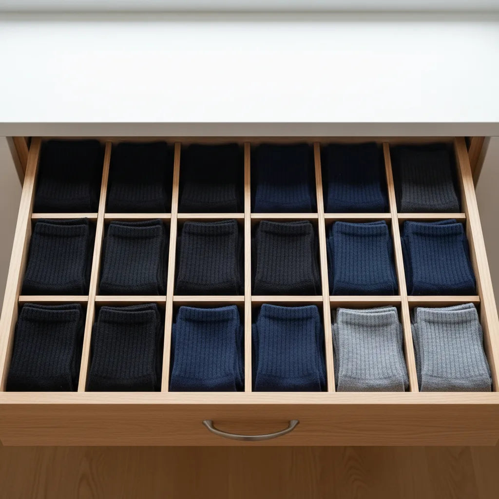Neatly organised men's sock drawer with multipack socks in black, navy and grey