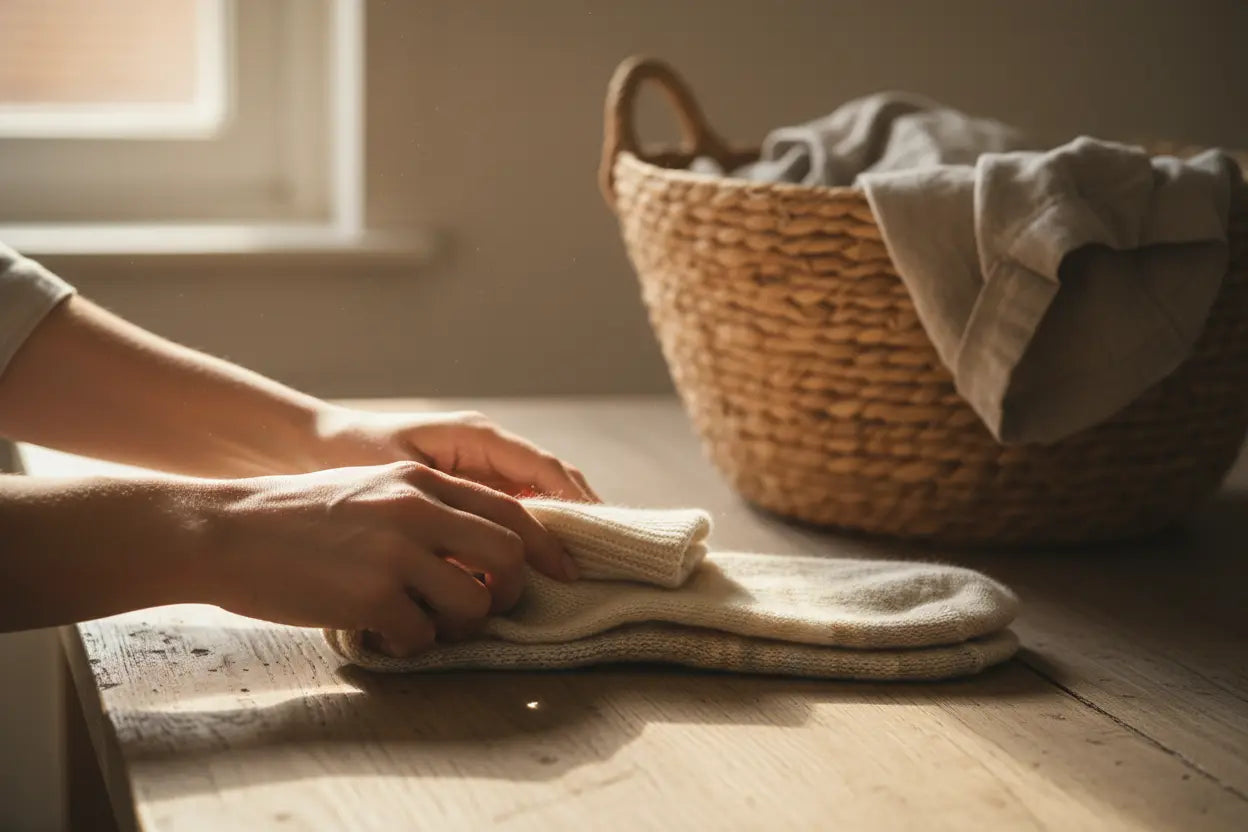 Premium socks being carefully folded - proper sock care and storage