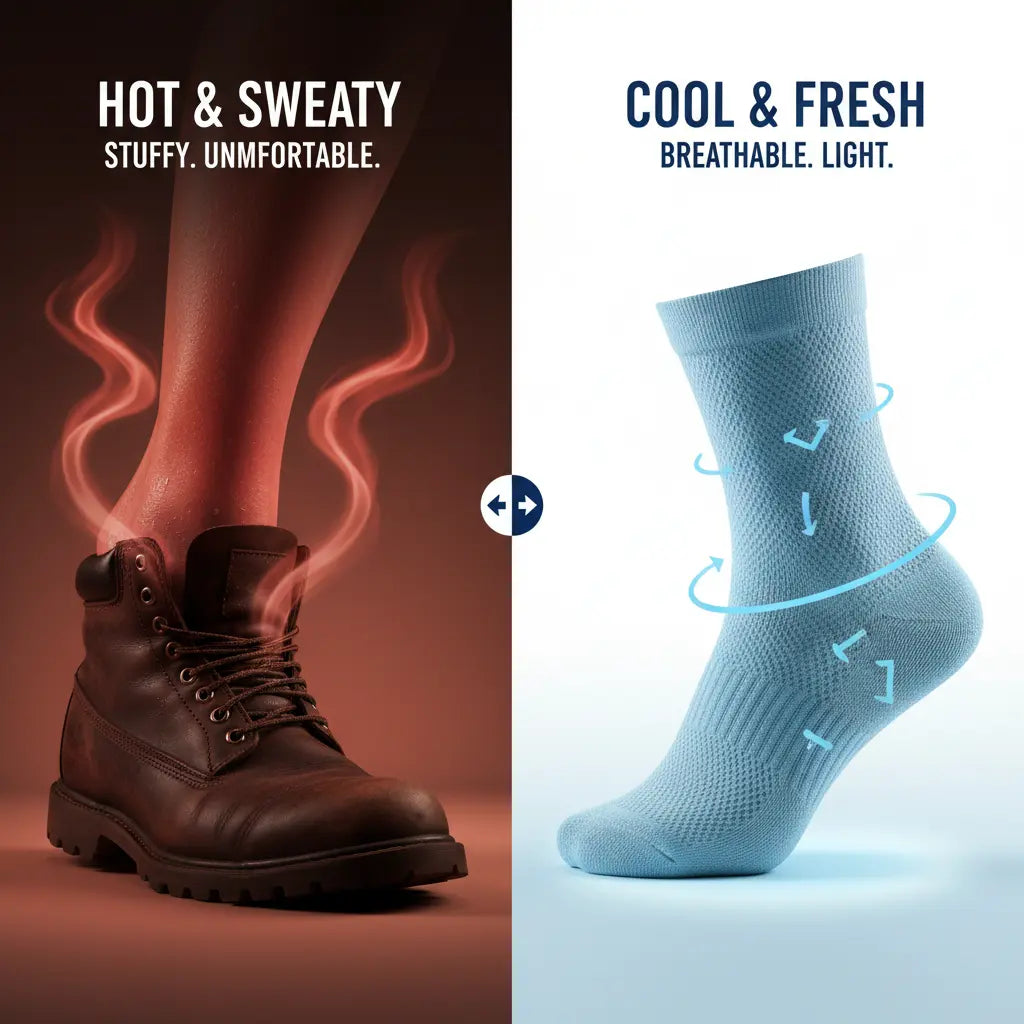 Infographic showing the difference between wearing non-breathable boots and wearing breathable bamboo socks