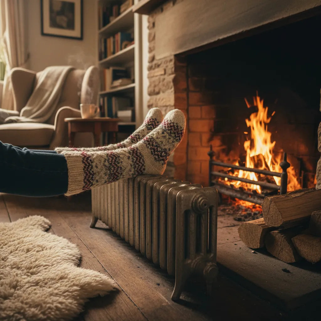 Feet in warm wool blend thermal socks by a fireplace in a cosy home