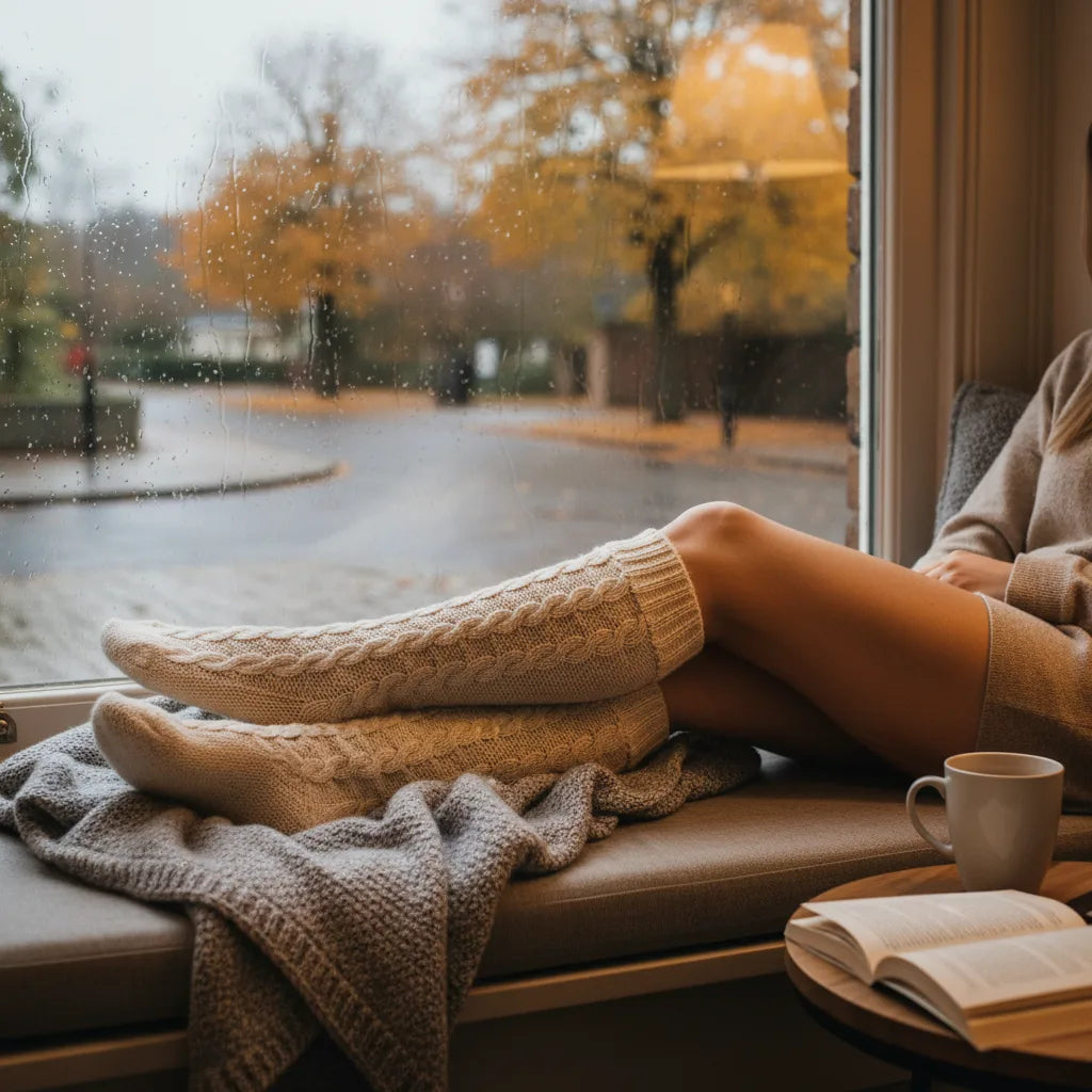 Woman wearing cosy wool blend knee high socks on a rainy autumn day