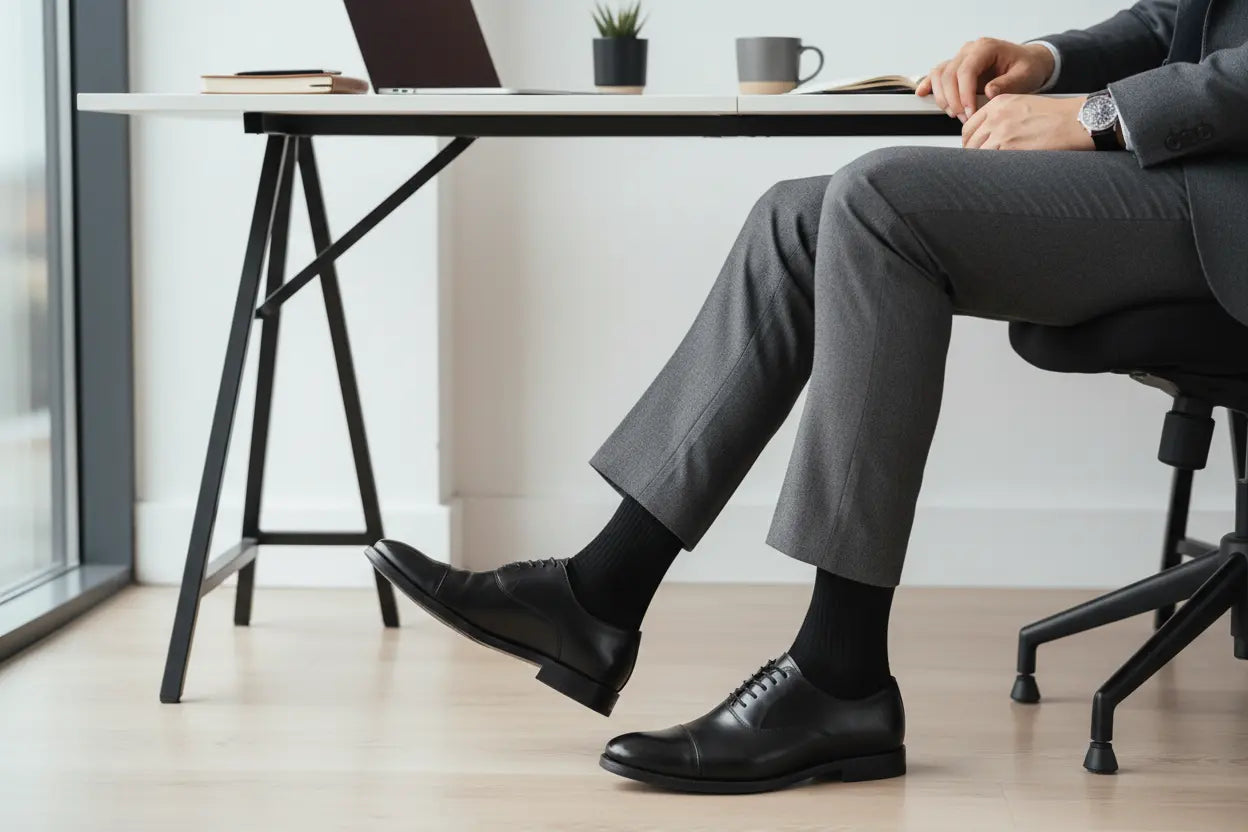 Professional men's dress socks in office setting with smart black crew socks and dress shoes at desk