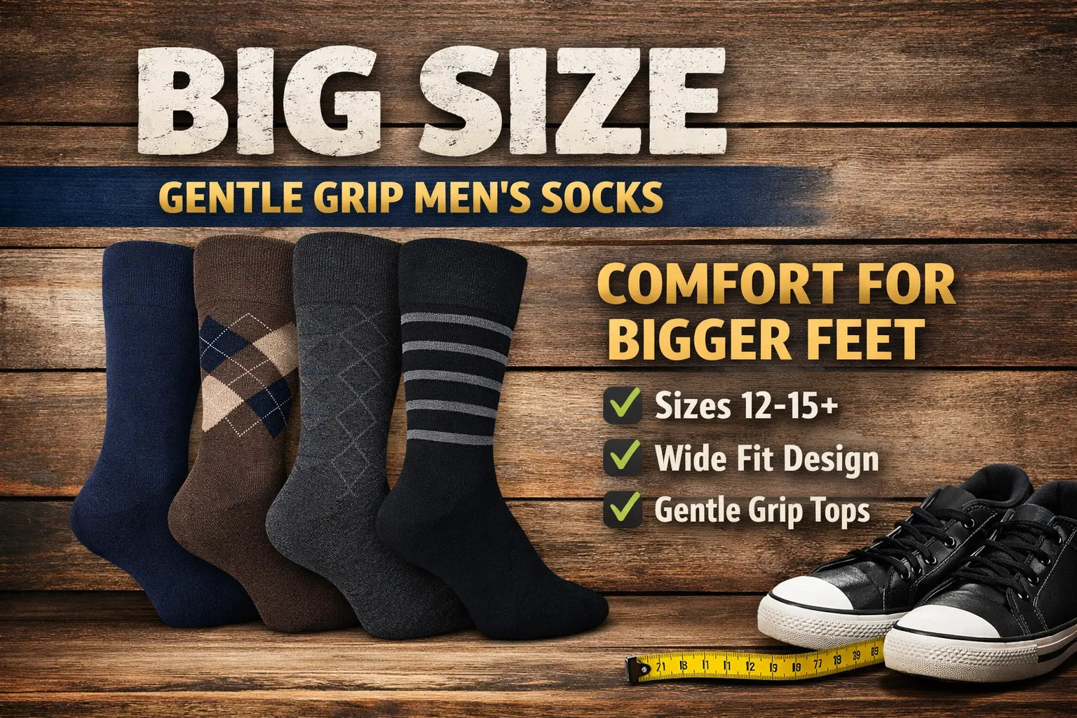 Men's big size socks in black, charcoal and navy for UK sizes 12-15 displayed on wood background