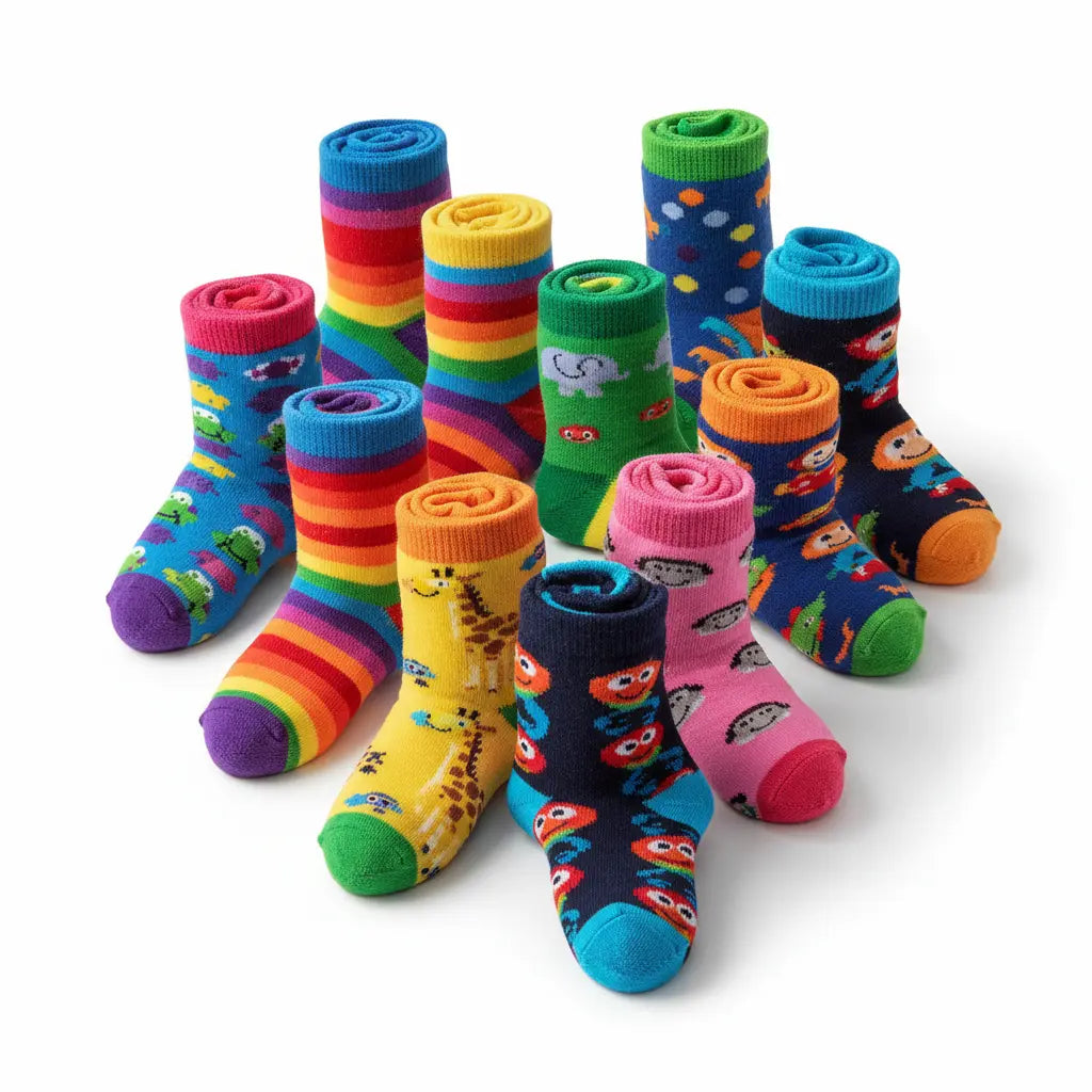 Kids wearing fun colourful socks with playful designs