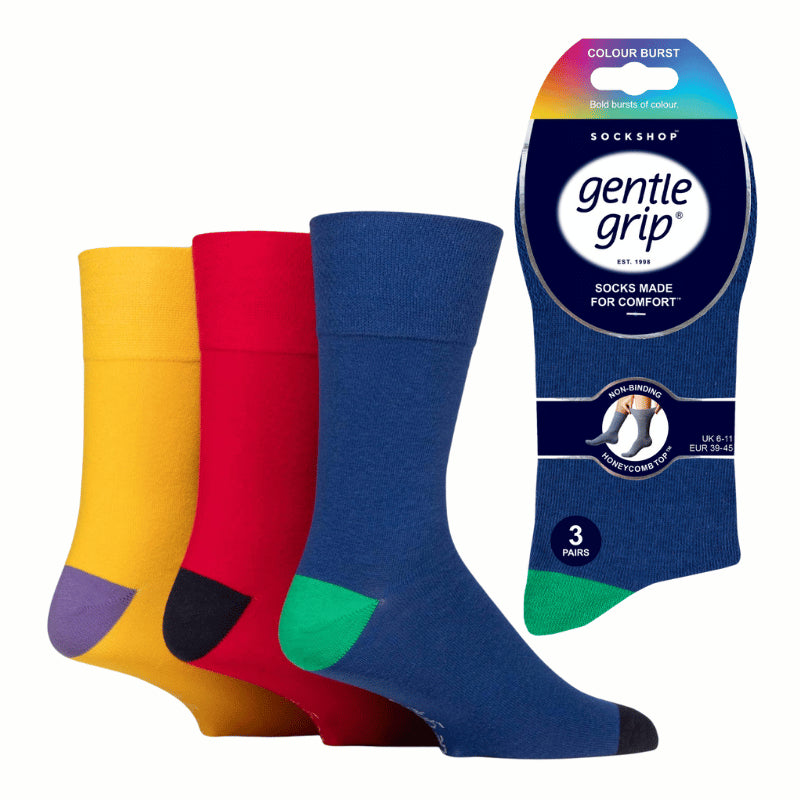 Men's gentle grip comfort socks in cobalt with colour burst design, pressure-free for sensitive legs
