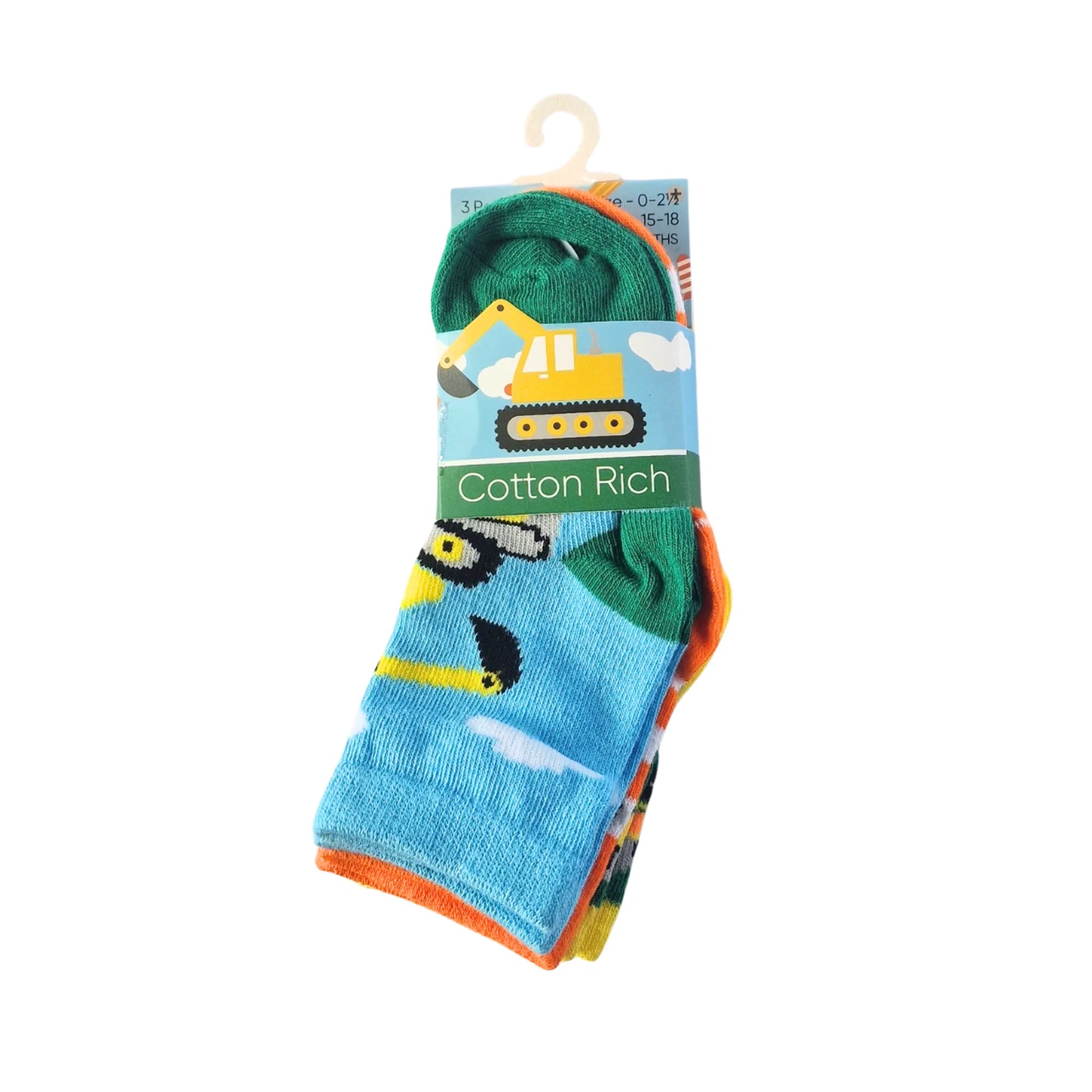 Baby boys' socks with fun digger or car patterns, cotton-rich soft fabric, 3-pack