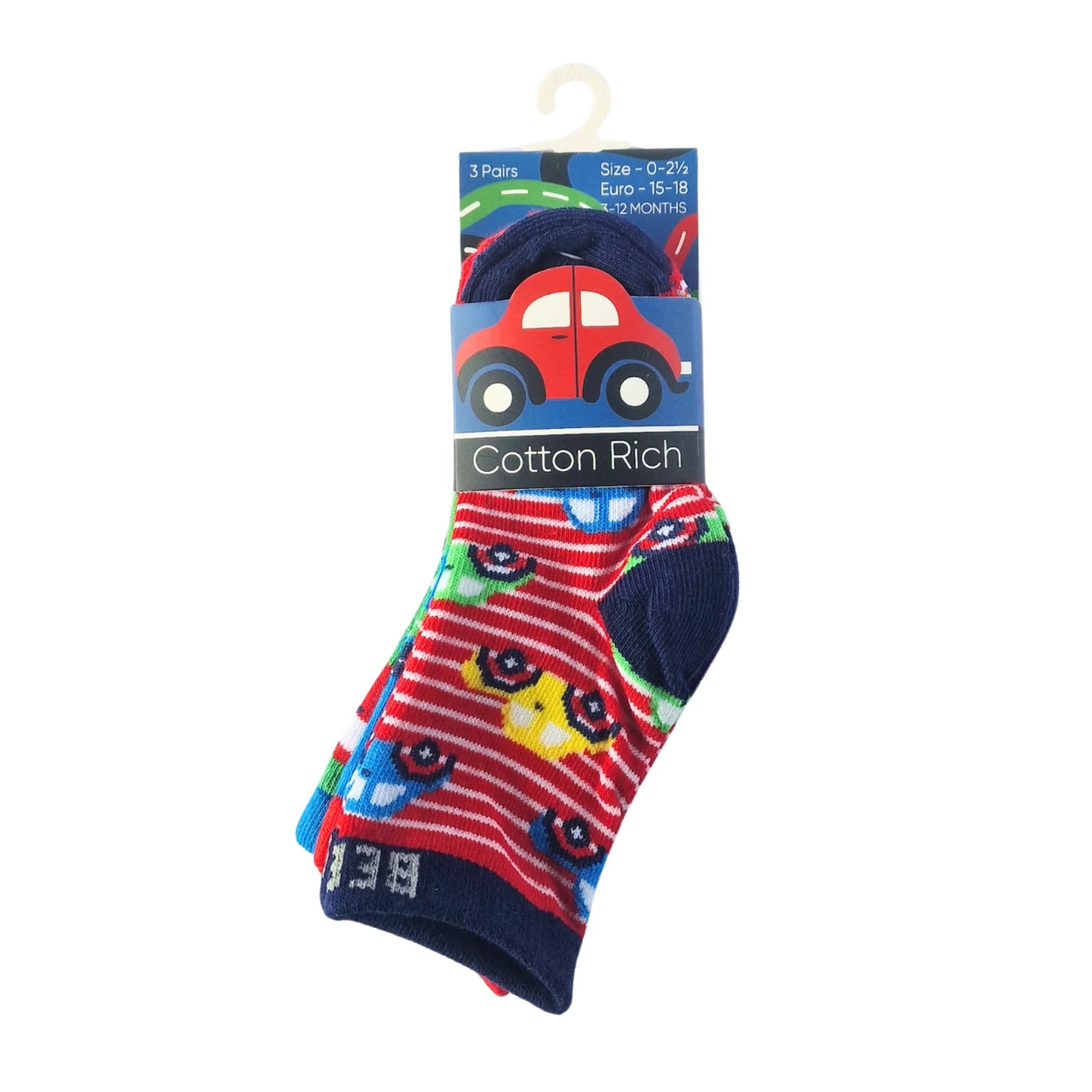 Baby boys' socks with fun digger or car patterns, cotton-rich soft fabric, 3-pack