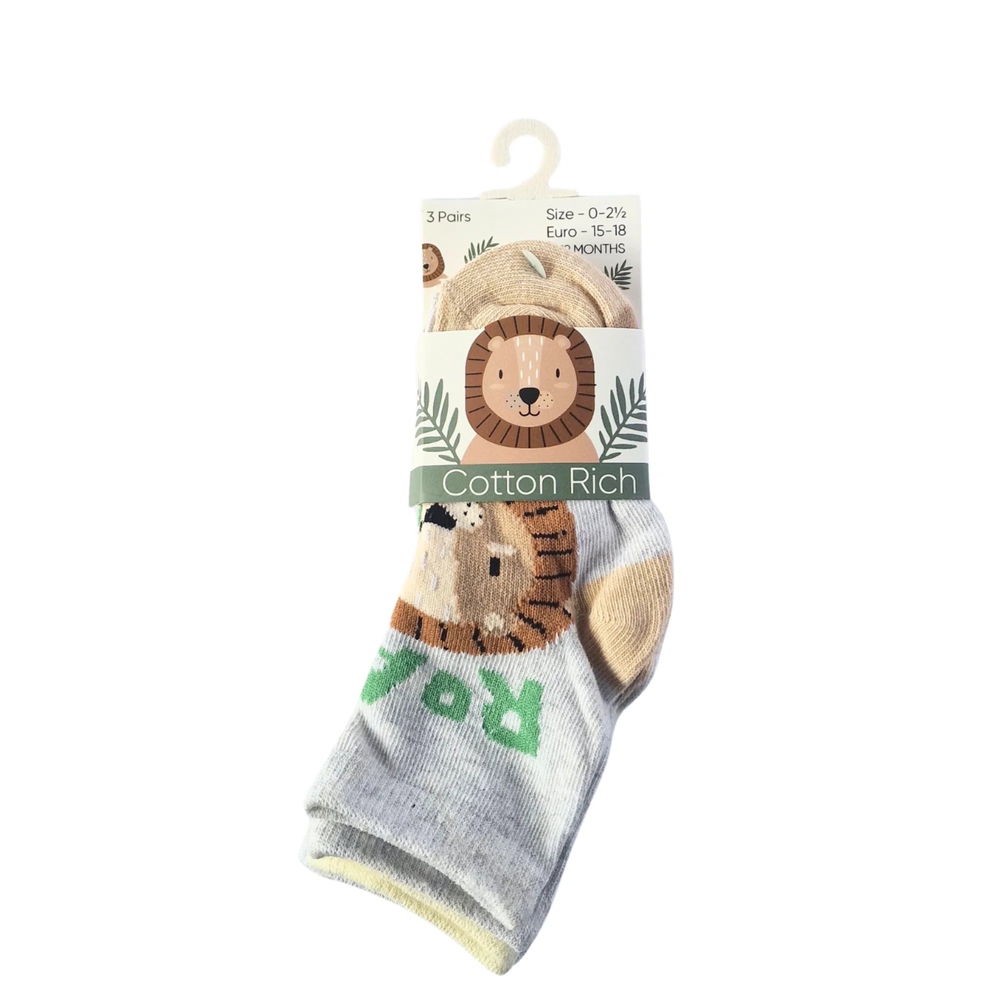 Baby boys' socks with adorable bear or lion patterns, cotton-rich soft fabric, 3-pack