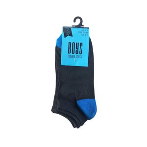 Boys' black trainer socks with colourful heel and toe accents in blue, red and green, 3-pack