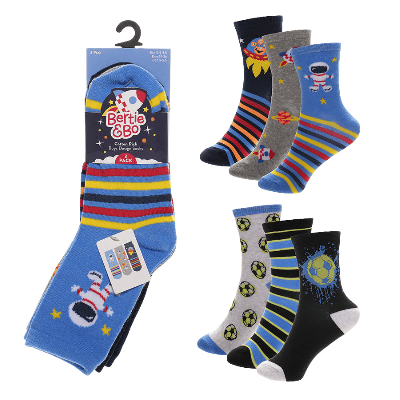 Boys' cotton socks 3 pack - football and aerospace design multipack size 9-12