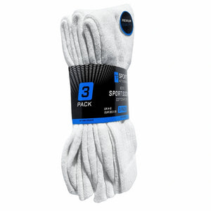 Three pairs of boys white sports socks in a packaging with a label indicating a 3-pack on a white background.
