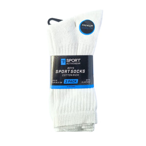 Boys' white sports socks, lightweight breathable for trainers and school, 3-pack